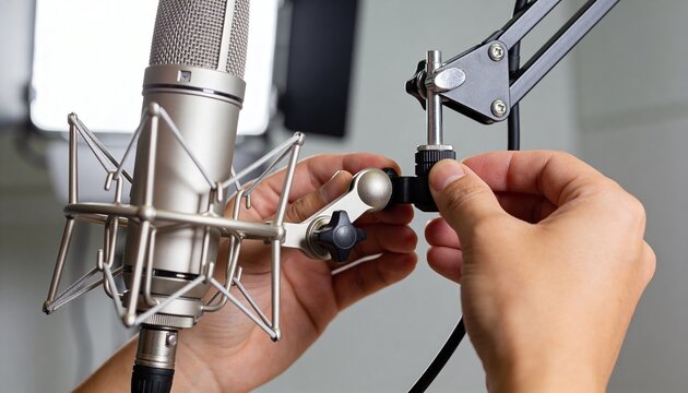 Tightening short-sleeved hands adjusting condenser mic on boom clamp in home studio, with XLR cable