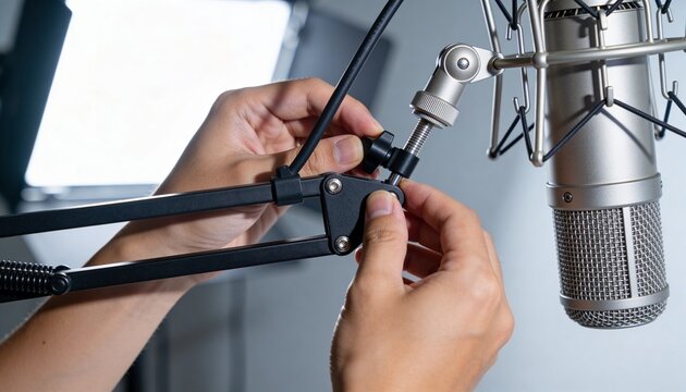 Adjusting hands securing condenser mic on scissor boom arm in home studio, with XLR cable