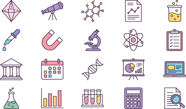 Comprehensive Vector Set of Science and Education Icons Featuring Laboratory Equipment Research Tools Chemistry Symbols Data Analysis Graphs and Academic Study Elements