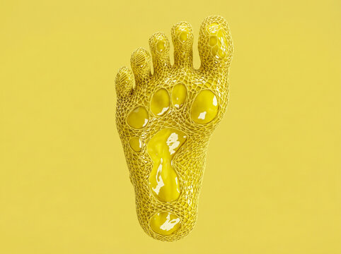 Abstract 3D Render of Human Foot with Yellow Voronoi Pattern and Glossy Bio-Organic Texture