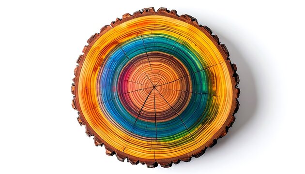 Colorful tree ring cross section with vibrant rainbow colored concentric circles and natural bark edge on a white background, nature's growth pattern