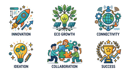 Fototapeta premium Creative Business Process Icons in Colorful Hand Drawn Doodle Style