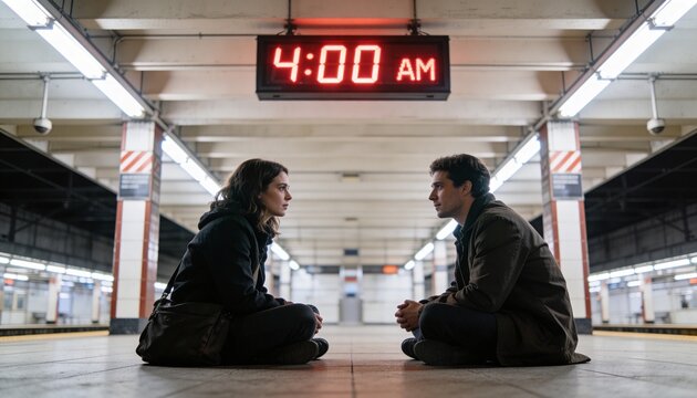 Sitting couple talking on subway platform under illuminated 4:00 AM clock, wearing dark coats