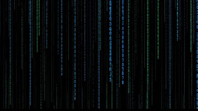 Glowing blue digital code streams falling on dark background