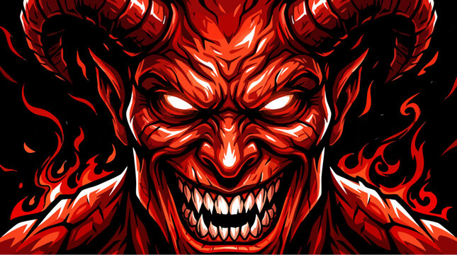 Demonic red devil face with horns and glowing eyes, aggressive satanic monster mascot vector, evil grinning creature for gaming and esports