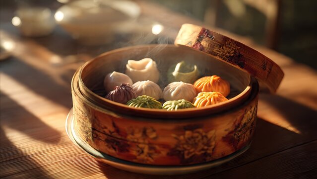 Steaming Dim Sum in Bamboo Steamer.