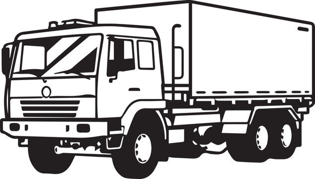A bold monochrome illustration of a commercial delivery truck, highlighting its robust design and utilitarian purpose.