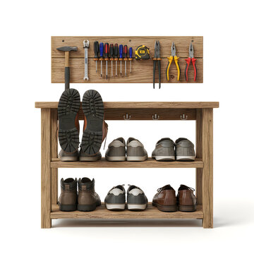 Wooden shoe rack with tools shelf and organized footwear