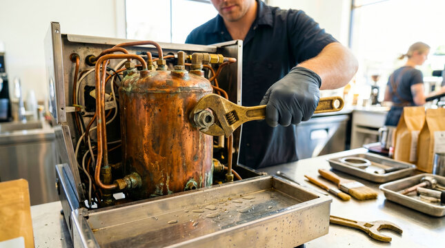 Professional technician repairing copper boiler of commercial espresso machine