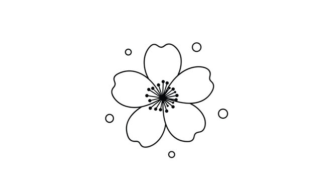 Minimalist black and white line drawing of a single cherry blossom flower with five petals and detailed stamens surrounded by small dots.