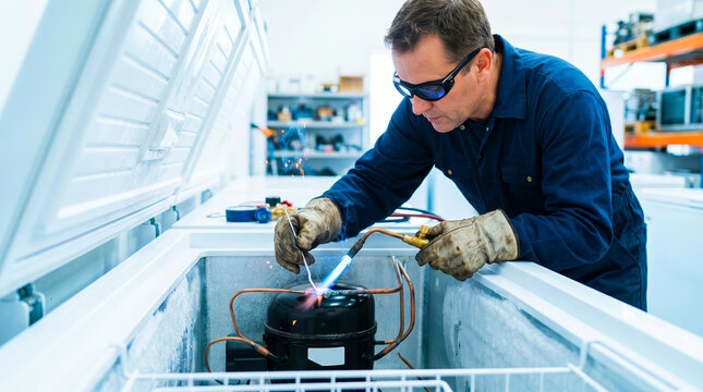 Technician brazing refrigerator compressor in appliance repair workshop