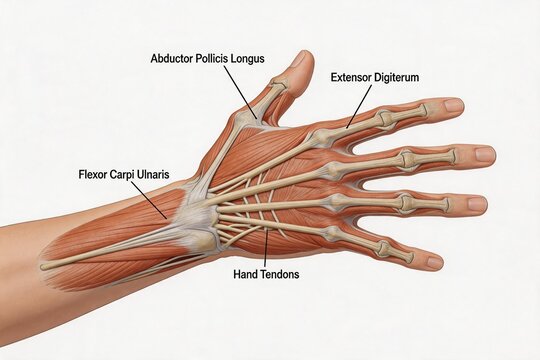 Anatomy of a human hand muscles and tendons