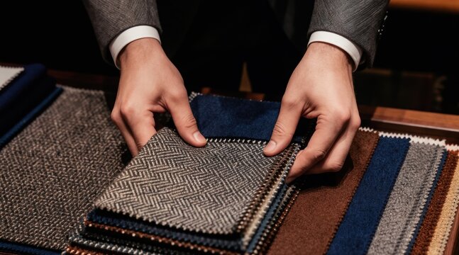 Man picks fabric for custom suit. Hands show textile samples for clothing selection. Tailor shop offers material choices for tailor made apparel.