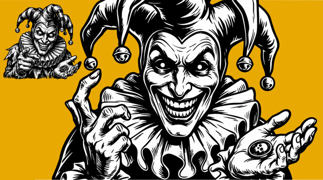 Sinister evil jester vector illustration, creepy smiling joker character with skull coin, dark circus clown mascot on yellow background