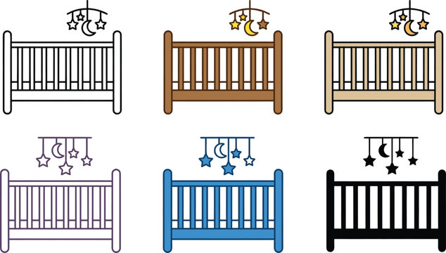 Set of Baby Crib Vector Icons Featuring Wooden Cot with Hanging Moon and Stars Mobile in Line Art Flat and Silhouette Styles for Nursery and Infant Care Graphic Design
