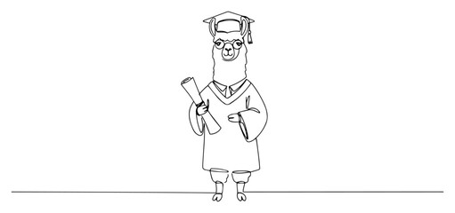 Graduation llama student continuous line art, funny alpaca holding diploma in mortarboard and gown for education success © ----WWWLINE----
