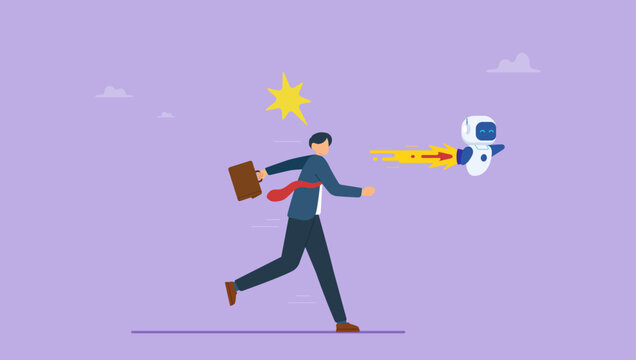 Businessman racing against a robot. Depiction of human ingenuity challenging technological advancement. Innovation, competition, and the quest for excellence in modern business.