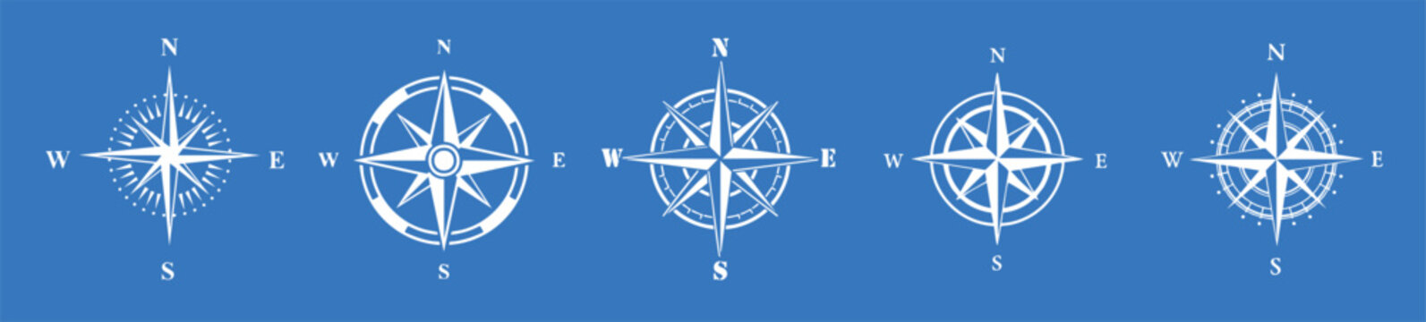 Compass symbol with navigation directions and wind rose on blue background in modern vector illustration