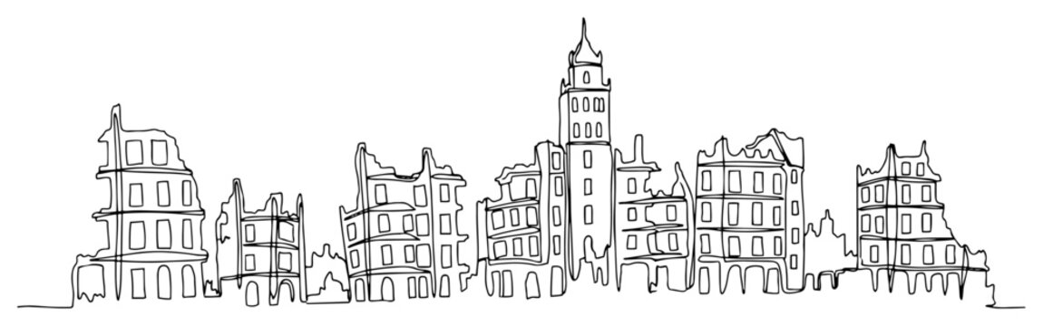 Ruined city skyline after war continuous line art, minimalist bombed buildings and urban destruction illustration