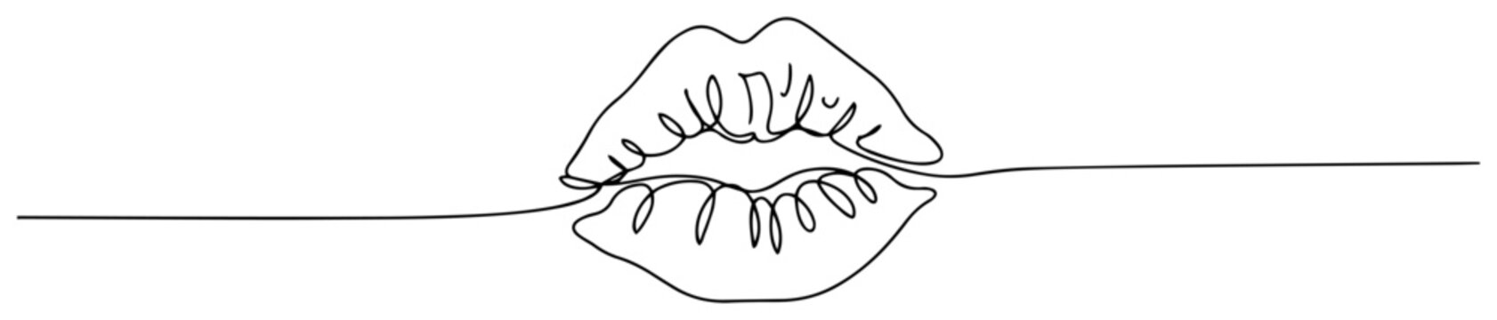 Female lips continuous line art illustration, minimalist romantic kiss or beauty makeup symbol for fashion design