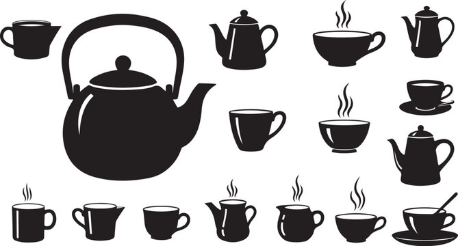 Collection of tea pots and cups with steam illustrations