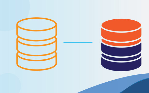 Database storage icons comparing outline and solid multi colored 3d cylinder.