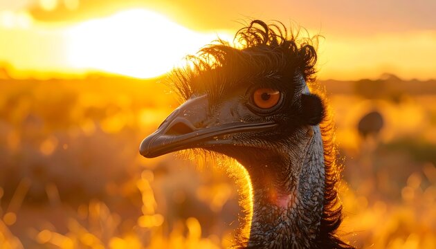 Close up portrait of an emu bird's head at sunset, golden hour light, warm colors, dry grass field, Australian wildlife, nature scene
