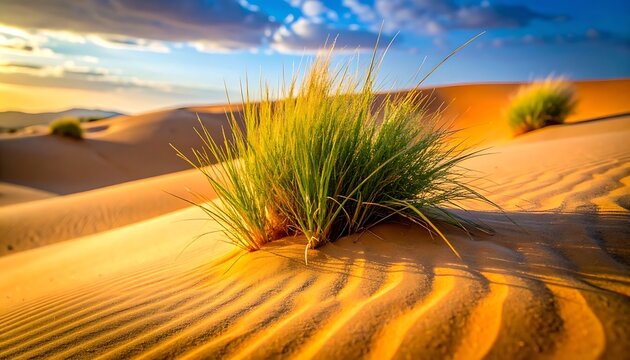 Desert landscape at sunset with golden sand dunes, green grass tuft, and dramatic sky, evoking arid environment and natural beauty