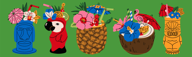 Fototapeta premium Summer Cocktails set. Refreshing drinks with fruit, small umbrella, flowers, straw. Various shape glasses. Tiki, parrot, coconut, pineapple. Hand drawn Vector illustration. Isolated design elements