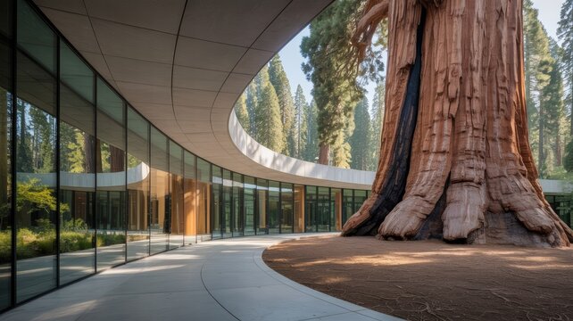 Modern architecture harmonizes with ancient giant redwood tree in serene forest setting