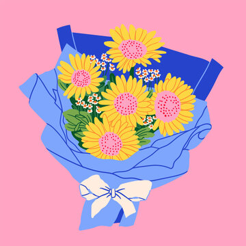 Beautiful bouquet of chrysanthemums. Spring fresh flowers wrapped in gift paper with ribbon. Hand drawn trendy Vector illustration. Isolated floral design element. Invitation, card, print template