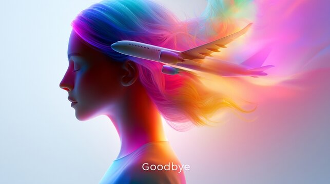 Seitliches Profilbild eines digitalen weiblichen Kopfes mit buntem, flie&szlig;endem Haar in Regenbogenfarben und einem Flugzeug auf hellem Hintergrund mit dem Wort &bdquo;Goodbye".