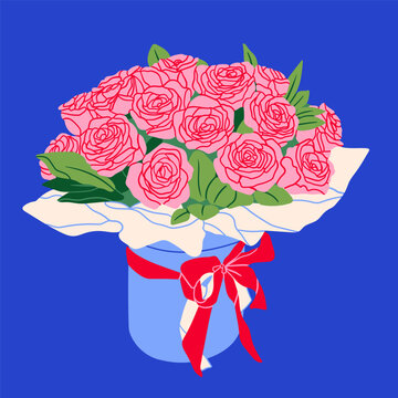 Beautiful Bouquet of Roses. Spring fresh flowers wrapped in gift paper with ribbon. Hand drawn trendy Vector illustration. Isolated floral design element. Invitation, card, print template