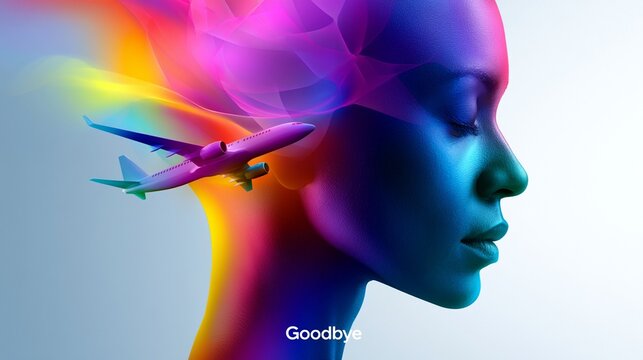 Seitliches Profilbild eines digitalen weiblichen Kopfes mit buntem, flie&szlig;endem Haar in Regenbogenfarben und einem Flugzeug auf hellem Hintergrund mit dem Wort &bdquo;Goodbye".