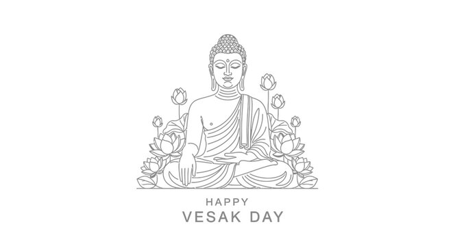 Buddha meditating surrounded by lotus flowers, Happy Vesak Day illustration