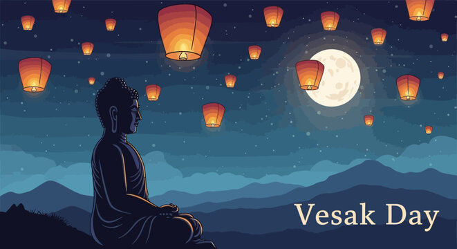 Buddha meditating under full moon with floating lanterns on Vesak Day