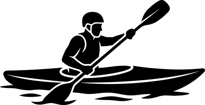 A vector cartoon illustration features a silhouette of a man rowing a canoe on the water during a fun day of sport and fishing
