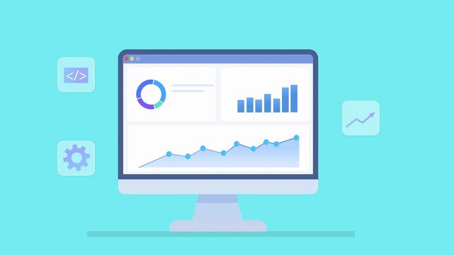 Animated desktop monitor displaying analytics dashboard with coding and settings icons, representing software development and digital business technology.