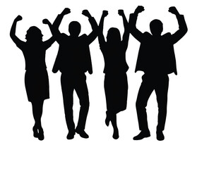 Fototapeta premium Silhouette of Successful Business Team Celebrating Achievement with Raised Arms on White Background