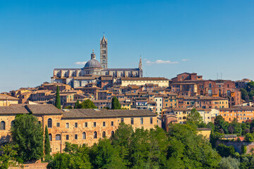 Naklejka premium Panoramic skyline view of the medieval city of siena with the cathedral santa maria assunta under a blue sky, tuscany, italy