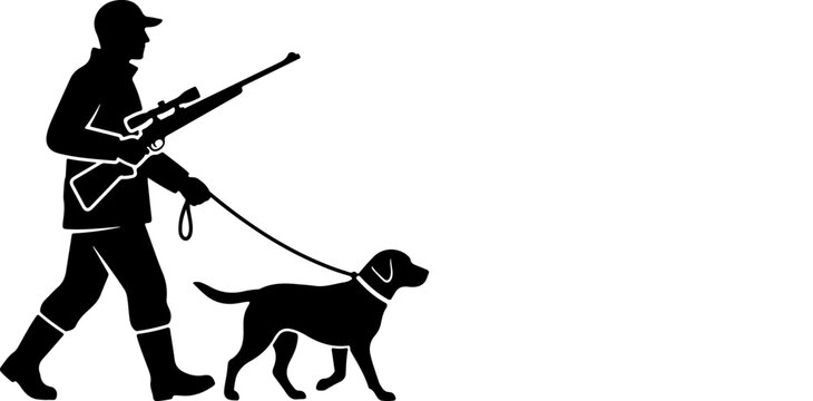 Man walking dog while holding hunting rifle on leash outdoors
