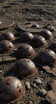 Pile of Rusty Medieval Shield Bosses on Ground