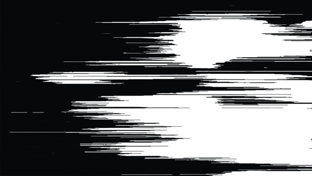 Abstract digital glitch art with white horizontal lines on black distorted background screen