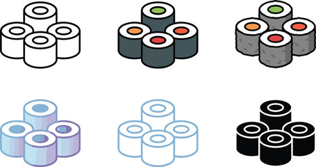 Japanese Sushi Maki Roll Vector Icon Set Featuring Fresh Seafood Salmon and Tuna in Line Art Flat and Silhouette Styles for Asian Restaurant Menu Design © MdMahfizur