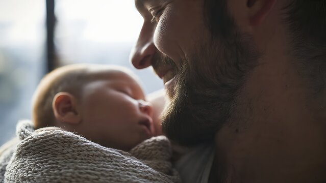 Tender moment between father and baby.