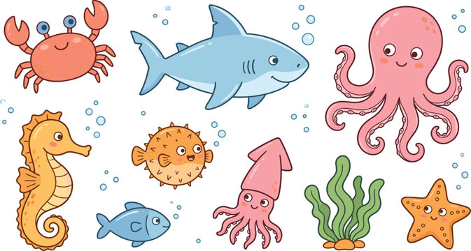 PrintCute Cartoon Sea Animal Vector Collection Featuring Shark Octopus Crab Seahorse Pufferfish Squid Starfish and Underwater Marine Life Isolated on White