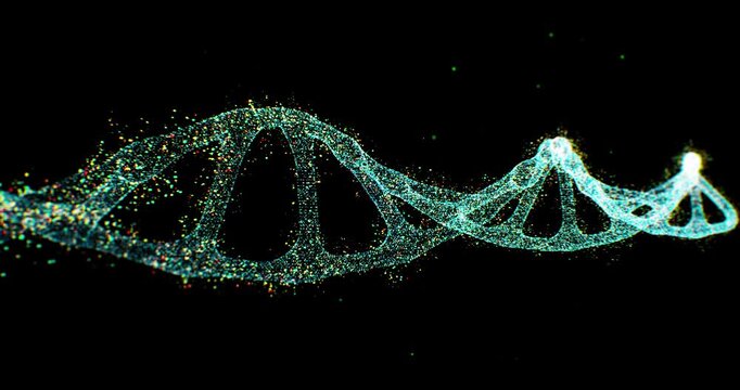 Abstract digital DNA helix formed by glowing particles on a dark background.