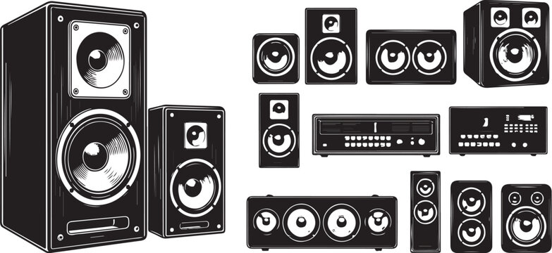 Collection of audio speakers and amplifiers vector icons