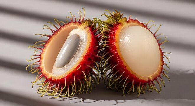 freshly cut rambutan fruit with spiky red and green skin on wooden surface natural tropical food background