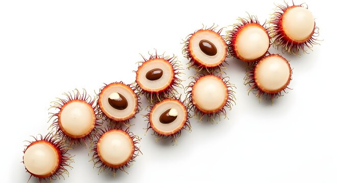close-up of golden spiky rambutan fruit cluster on white background for tropical food concept and healthy lifestyle